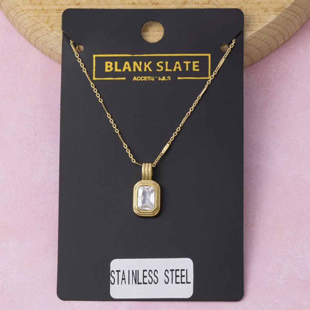Stainless Steel Step Cut Cz Ribbed Bezel Necklace