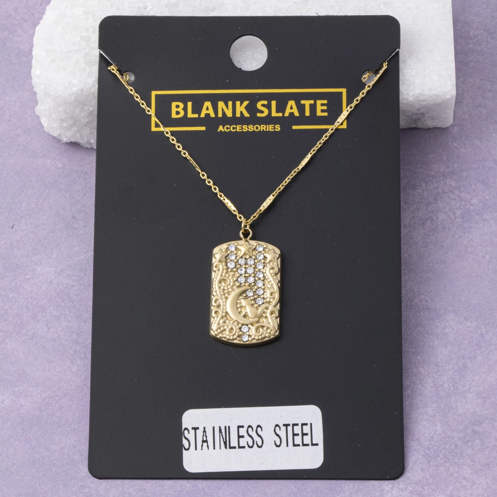 Stainless Steel Pave Moon And Star Tag Necklace