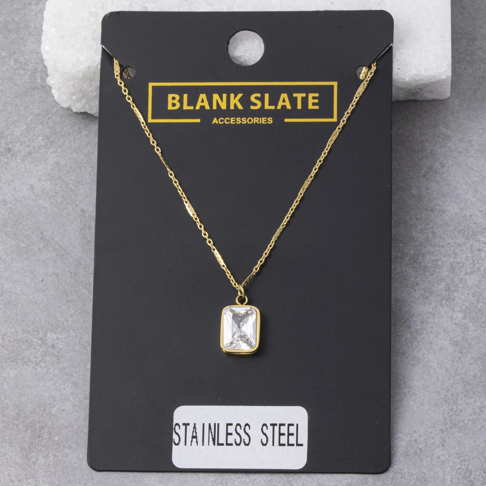 Stainless Steel Rectangle Cz Bezel Pendant Necklace
