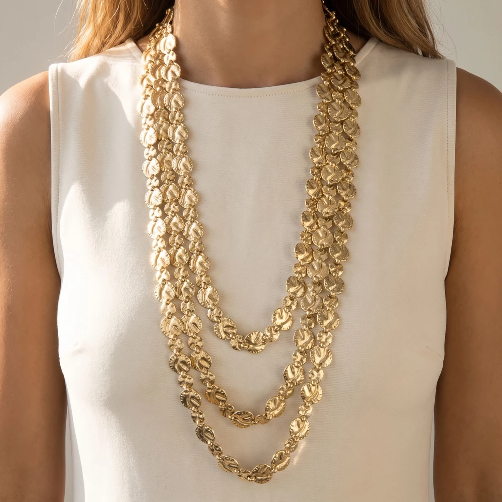 Layered Textured Coin Disc Strand Necklace