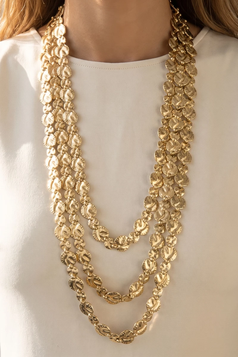 Layered Textured Coin Disc Strand Necklace