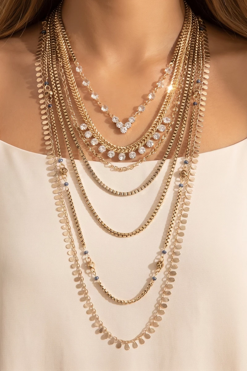 Multi Row Chain And Crystal Statement Necklace