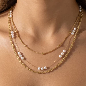 Triple Layer Chain Necklace With Pearl Stations