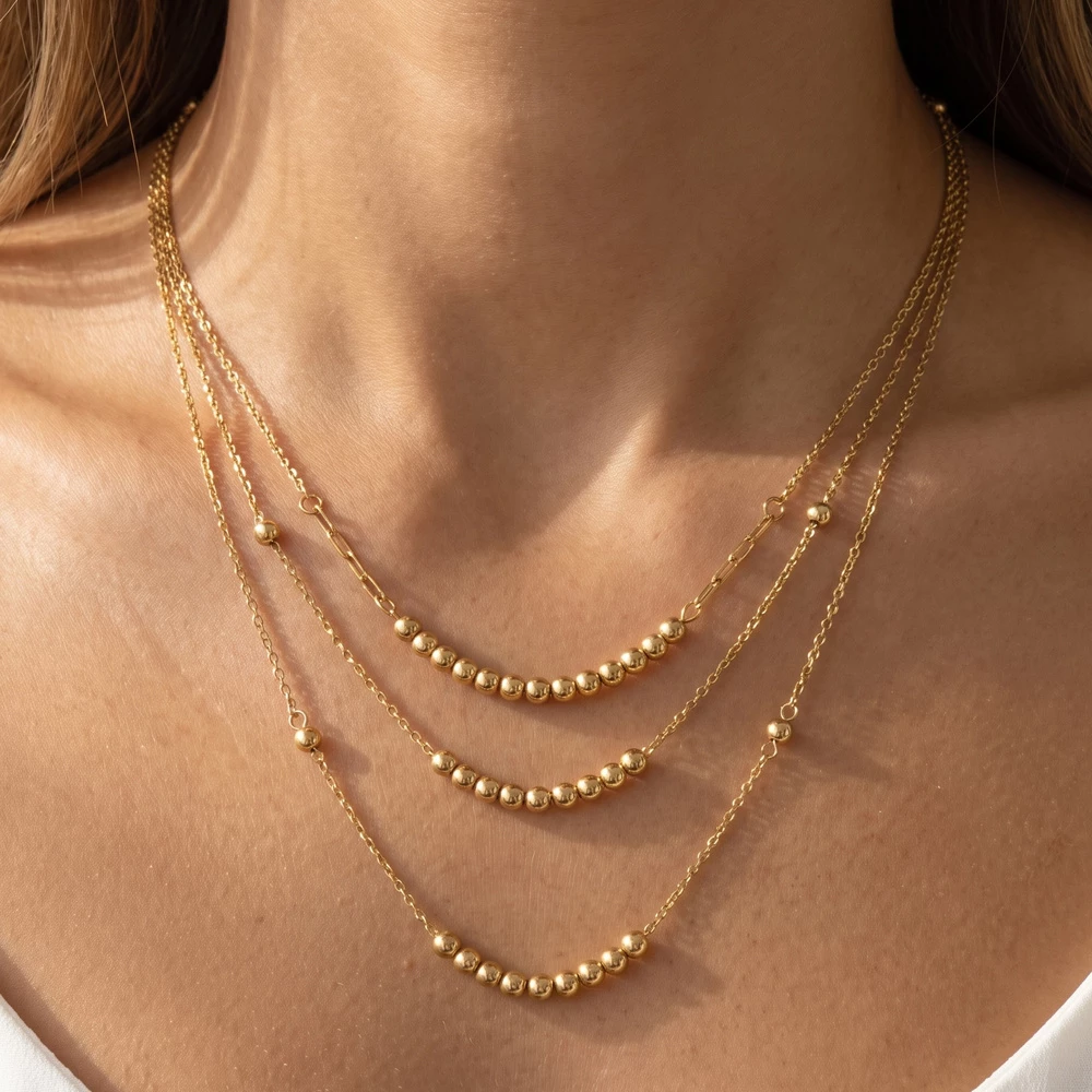 Graduated Round Bead Triple Layer Chain Necklace
