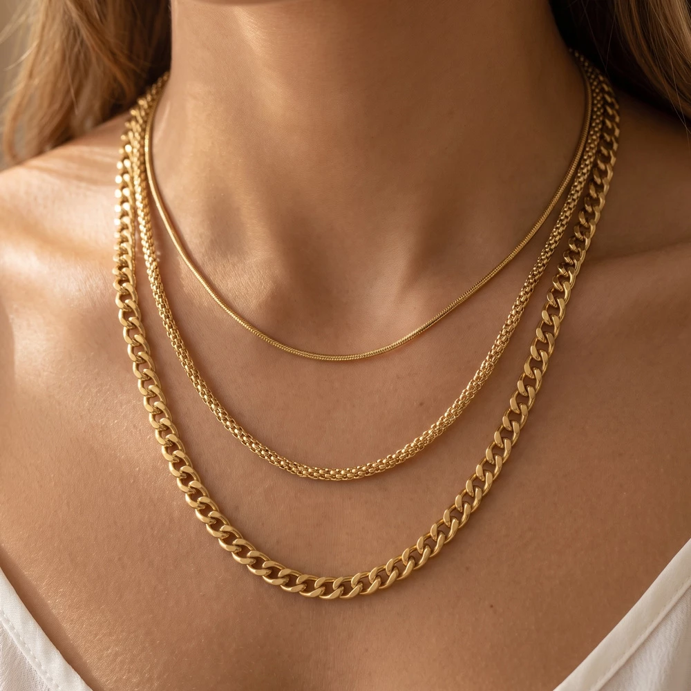 Curb Link Triple Layer Long Chain Necklace