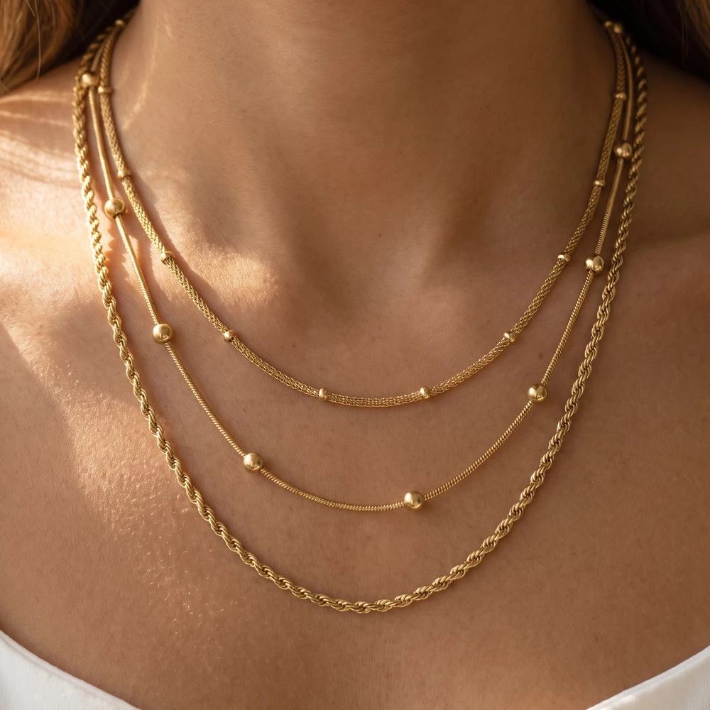 Rope And Satellite Triple Layer Chain Necklace