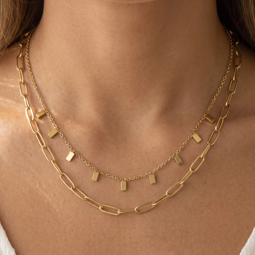 Paperclip Chain Layered Necklace With Tag Fringe