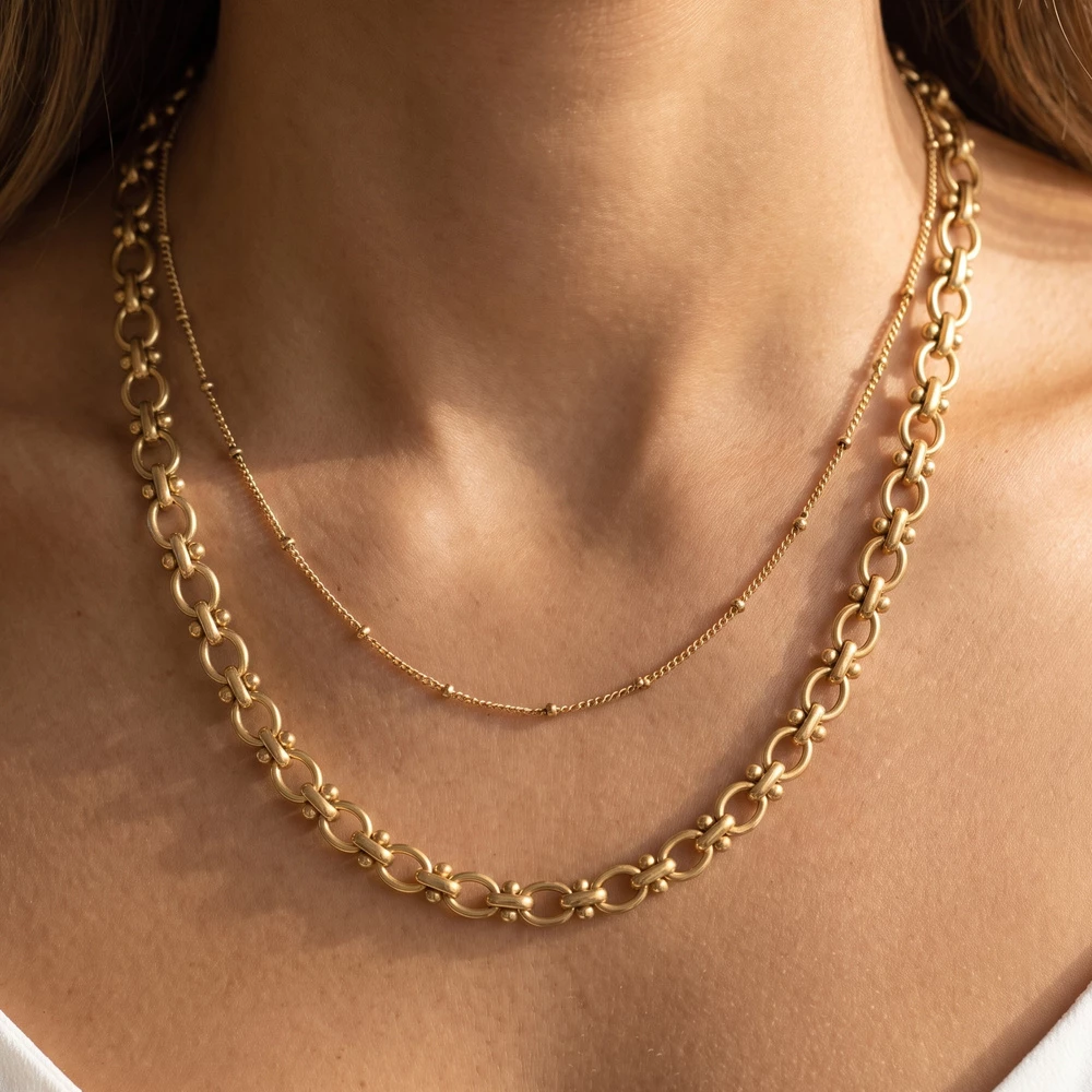 Chunky Rolo Link Double Layer Chain Necklace