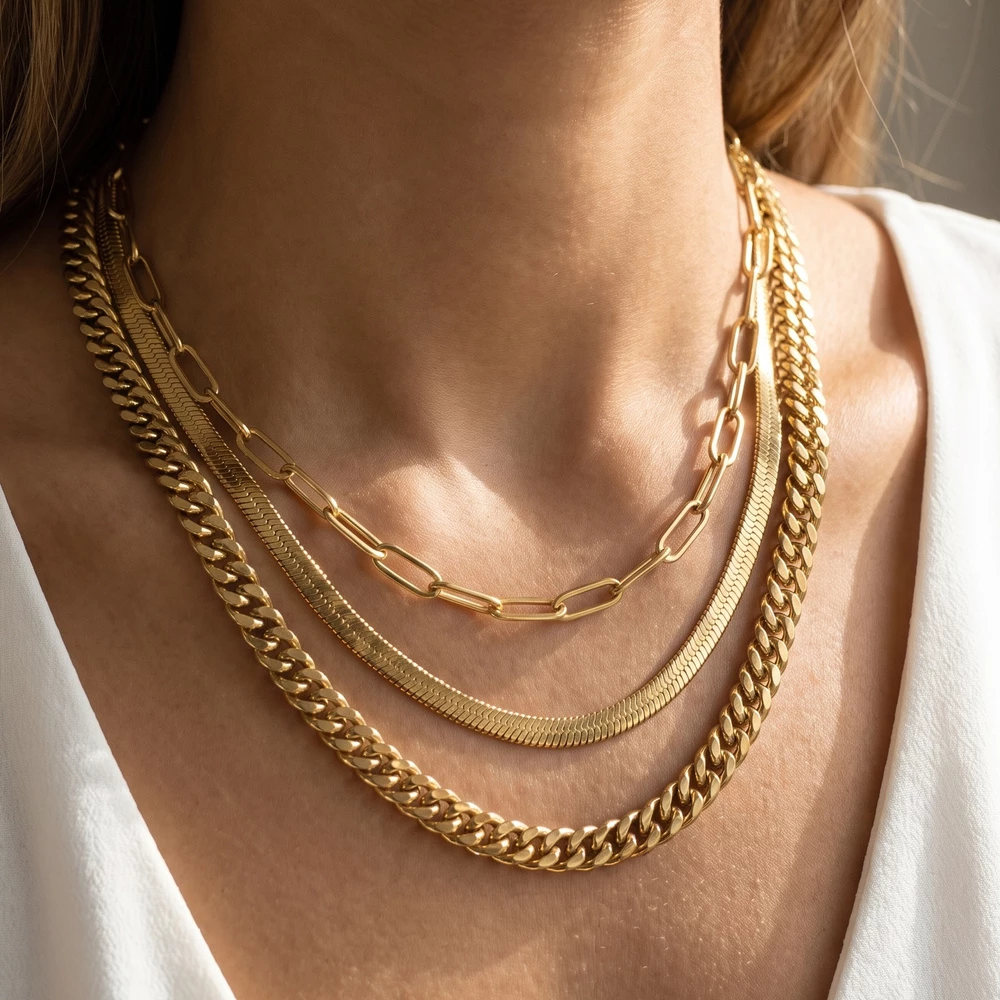 Paperclip Herringbone And Curb Layered Necklace