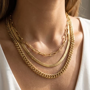 Paperclip Herringbone And Curb Layered Necklace