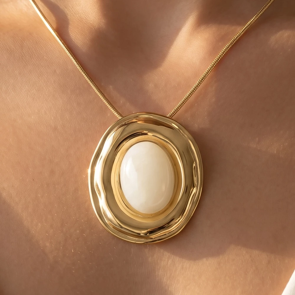 Gold Dipped Oval Cabochon Frame Pendant Necklace