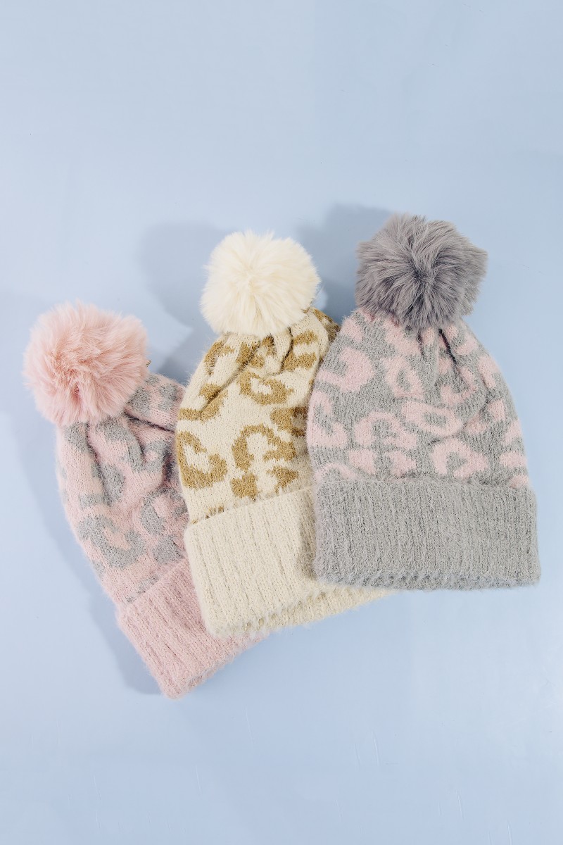 Leopard Print Fuzzy Pom Beanie