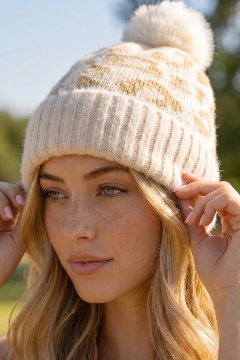 Leopard Print Fuzzy Pom Beanie