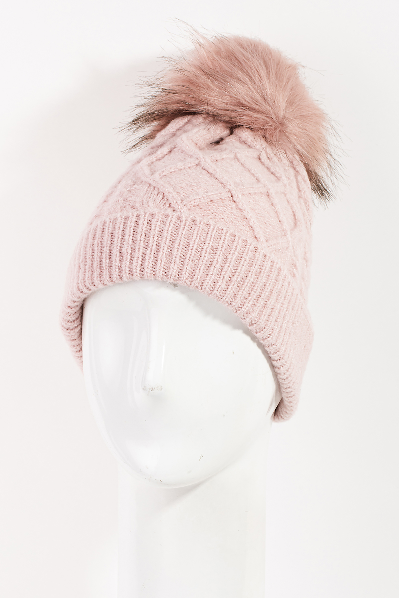 Cable Knit Fuzzy Pom Beanie