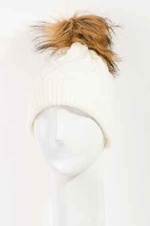 Cable Knit Fuzzy Pom Beanie