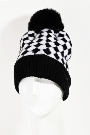 Checkered Pattern Pom Beanie