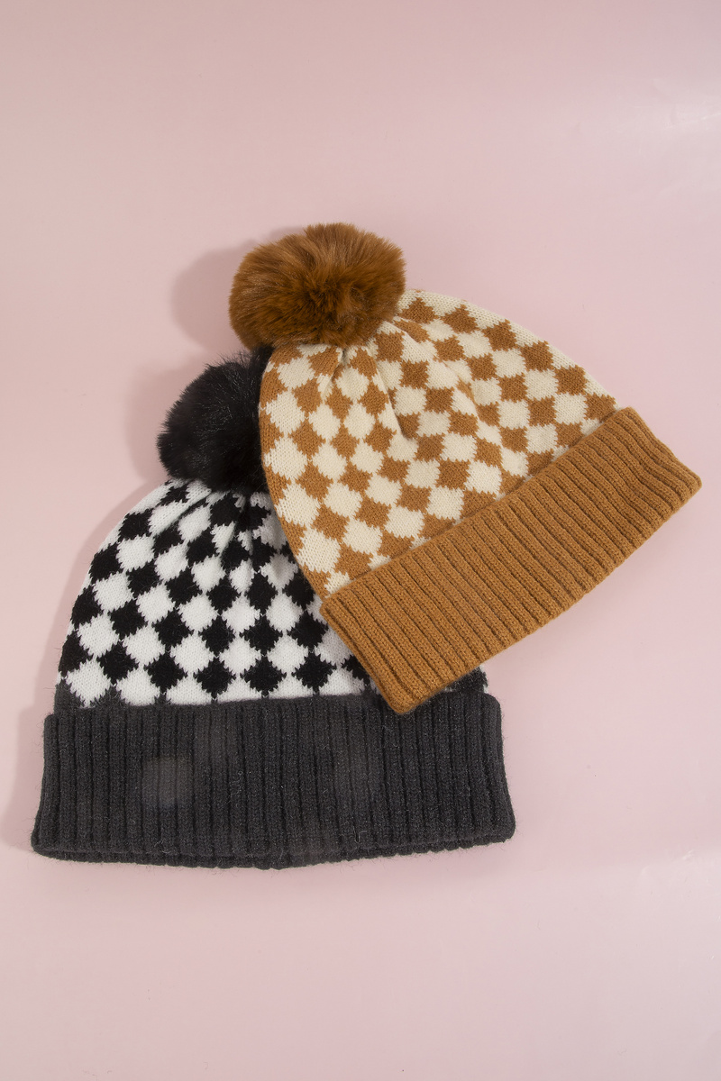 Checkerboard Print Pom Pom Knit Beanie Hat