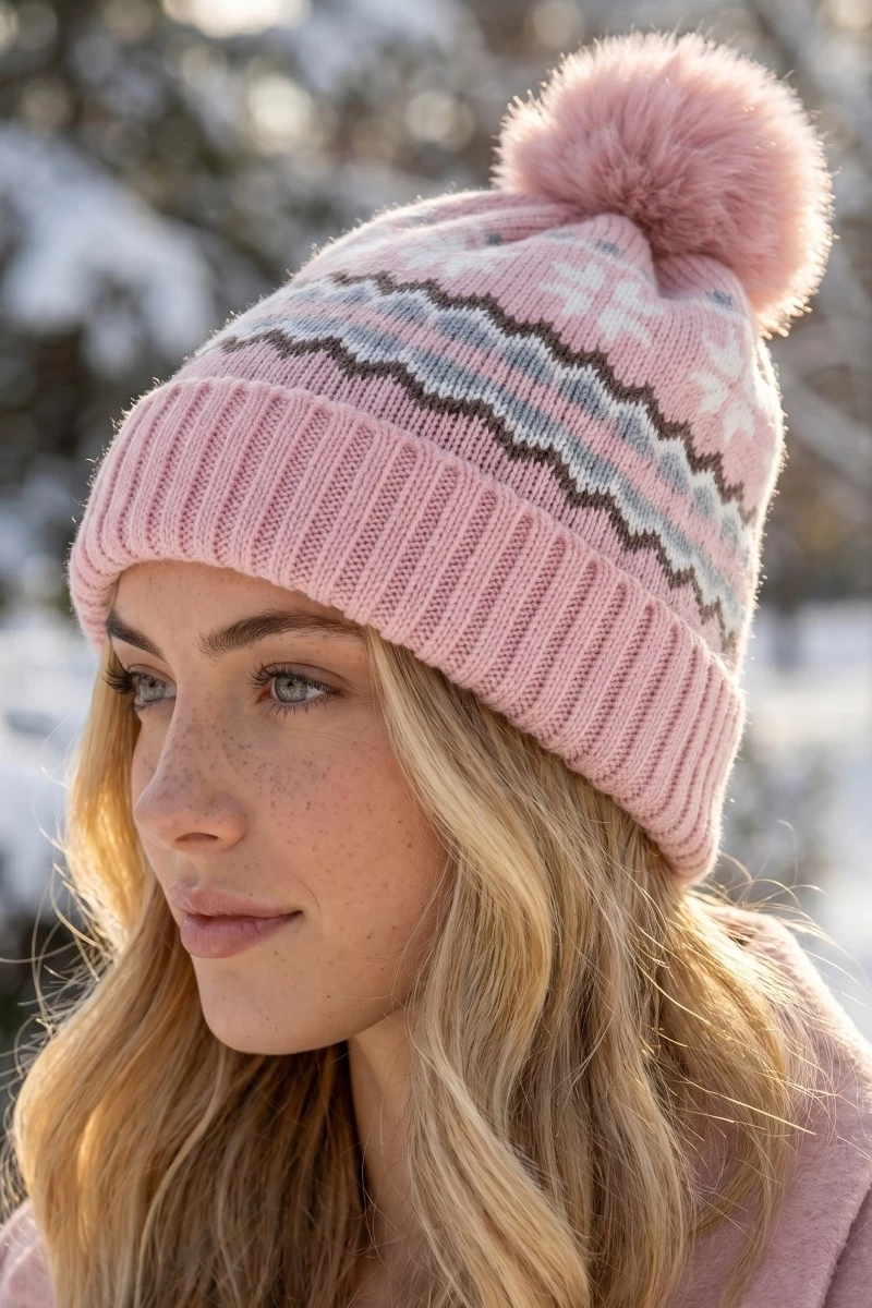 Soft Snowflake Print Pom Beanie