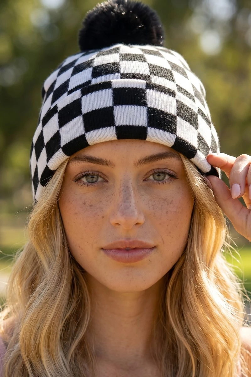 Checkered Pom Beanie