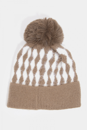 Abstract Diamond Stripe Knit Pom Pom Beanie