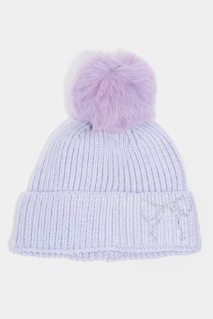 Rhinestone Embroidered Ribbon Bow Knit Beanie