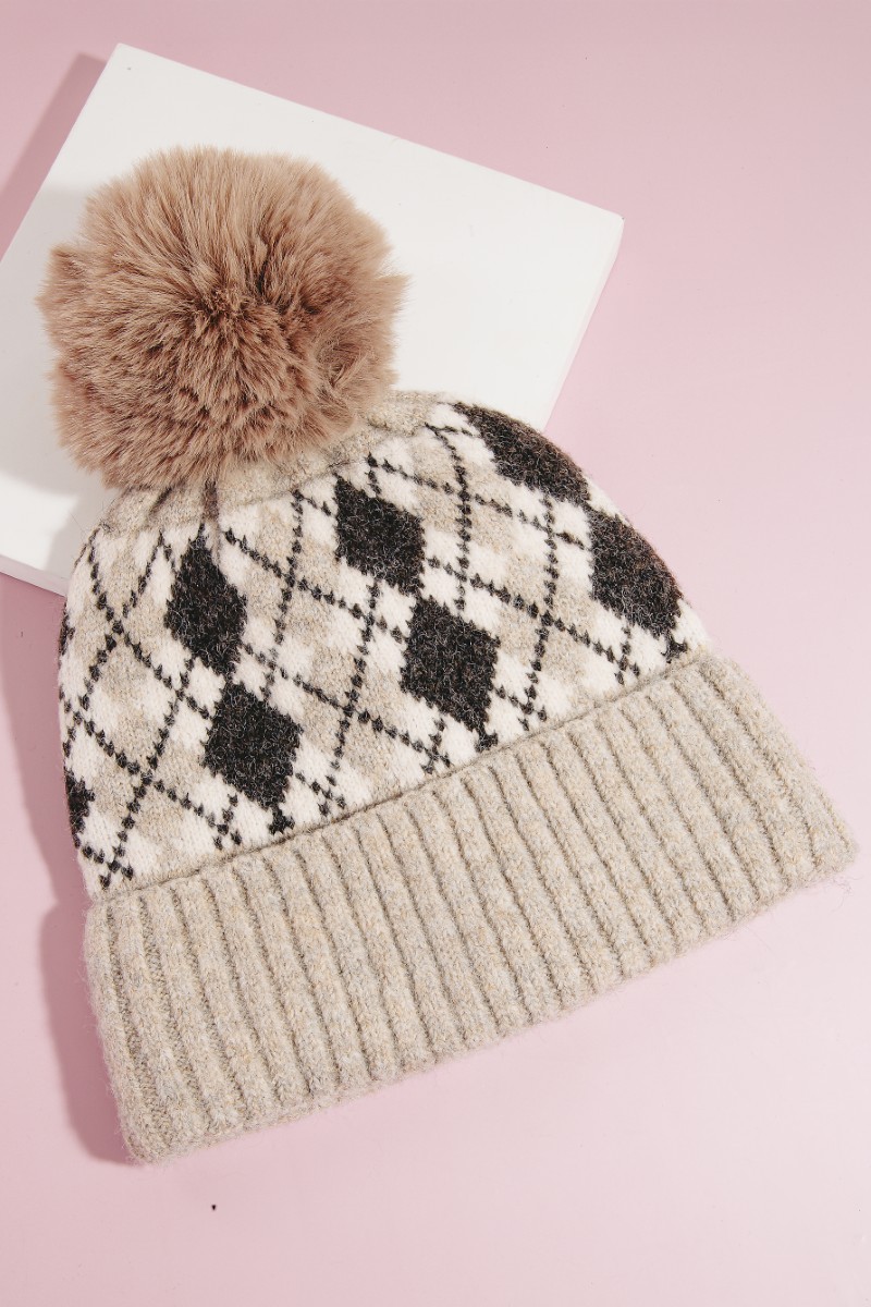 Argyle Knit Pom Beanie