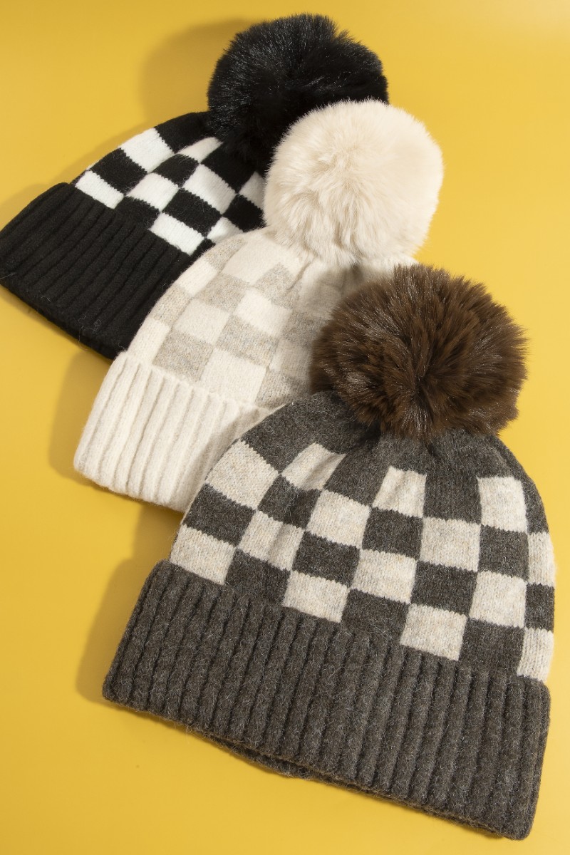 Checkered Pom Beanie