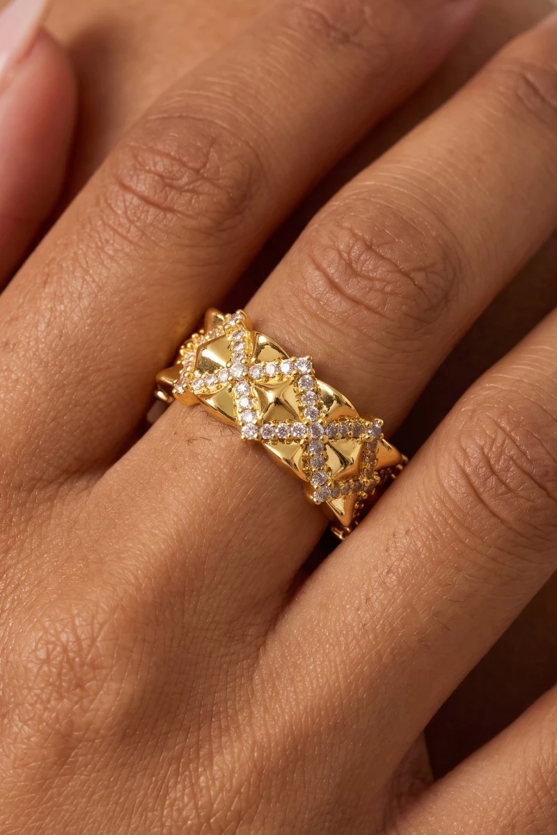 Intricate Paved X Open Band Ring