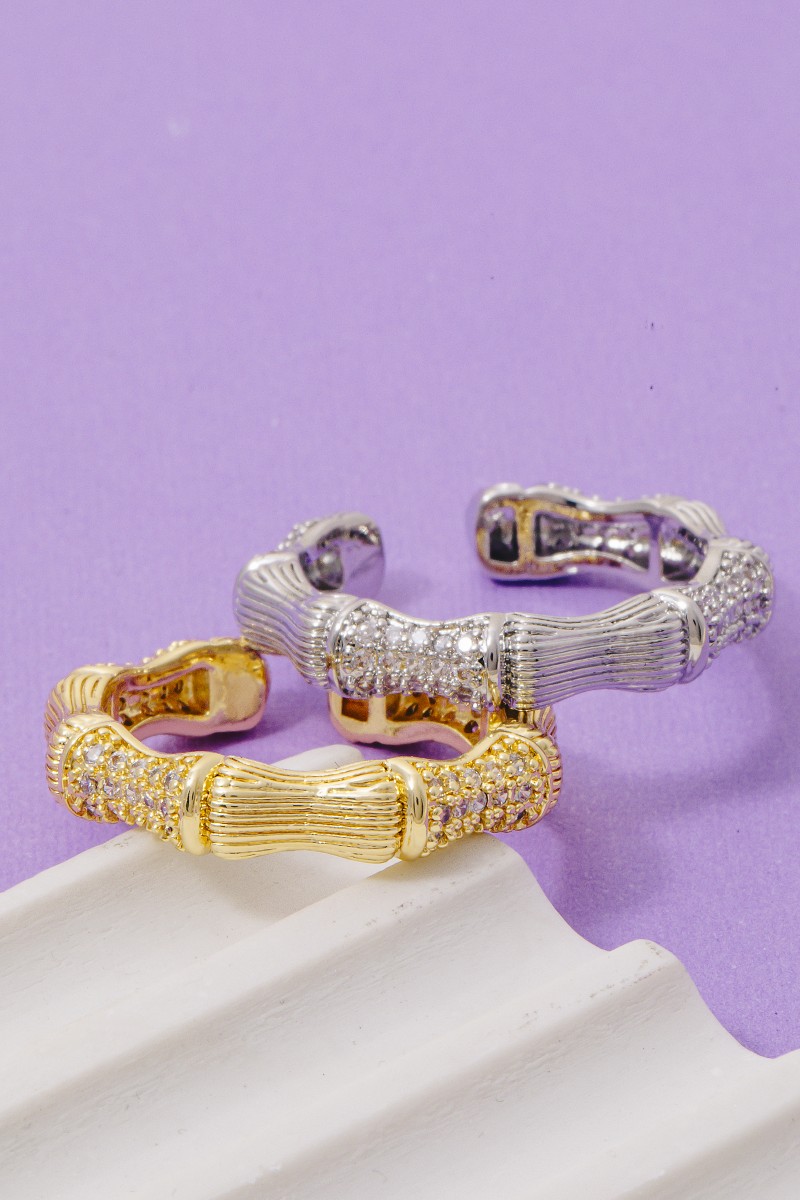 Ribbed Rhinestone Metal Bamboo Ring