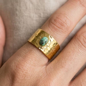 Oval Stone Center Wide Hammered Open Band Ring