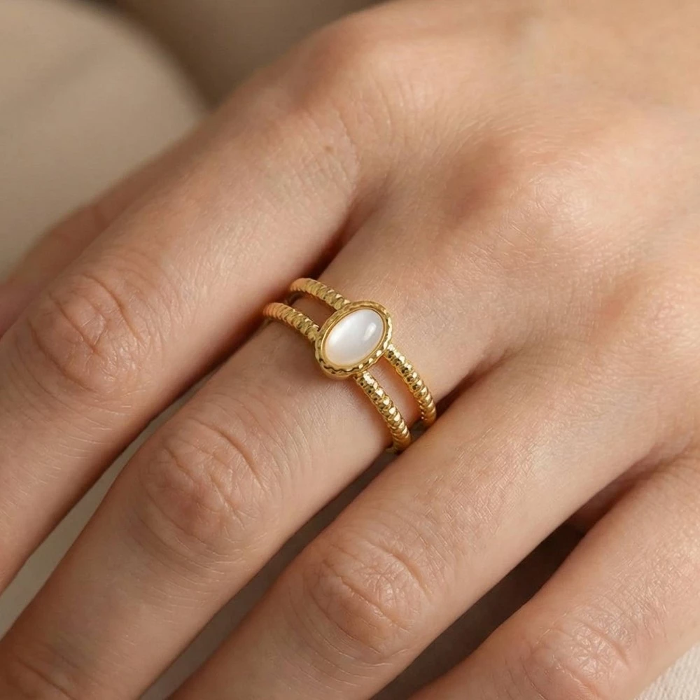 Gold Dipped Stainless Steel Stone Two Row Ring