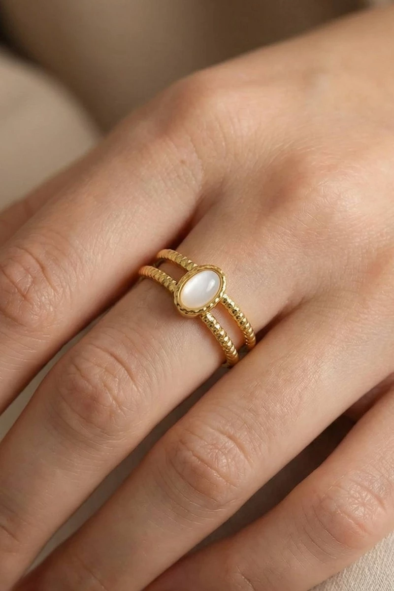Gold Dipped Stainless Steel Stone Two Row Ring
