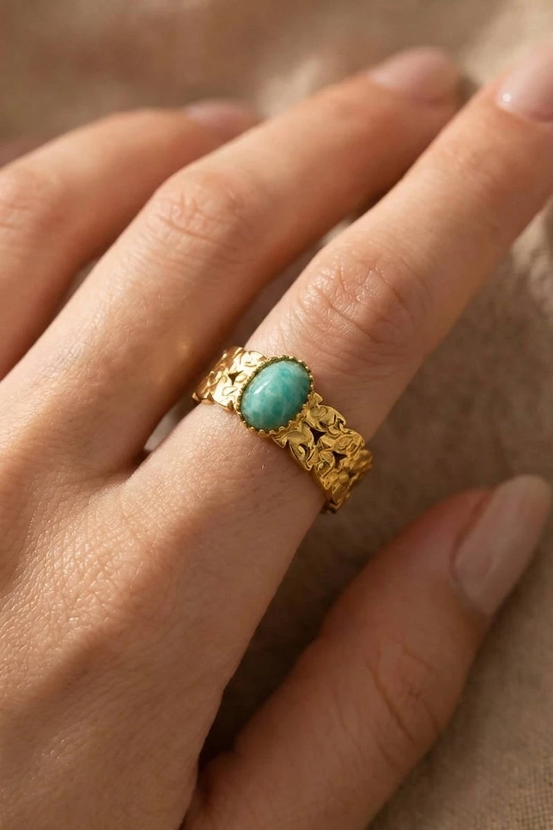 Gold Dipped Stainless Steel Oval Stone Ring