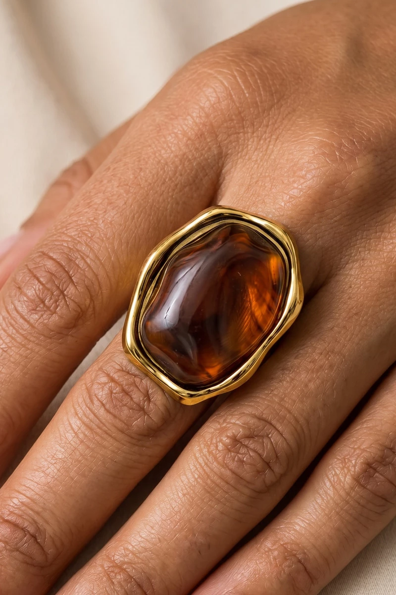 Brown Tortoise Resin Organic Frame Cocktail Ring