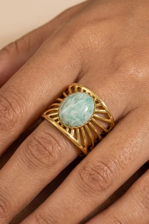 Stainless Steel Oval Stone Sunburst Openwork Ring