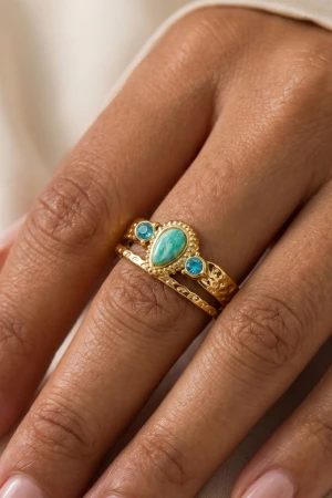 Gold Dipped Amazonite Stone Hammered Wide Cuff Ring