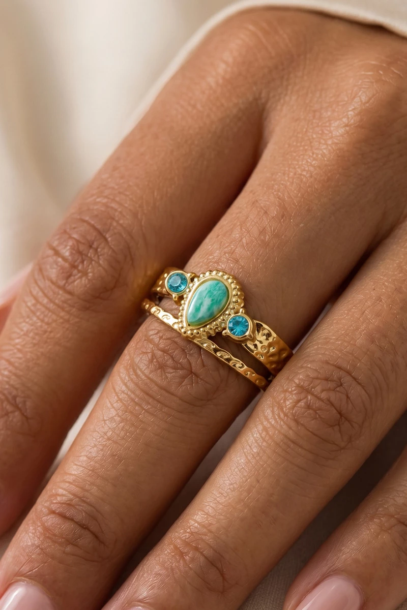 Gold Dipped Amazonite Stone Hammered Wide Cuff Ring