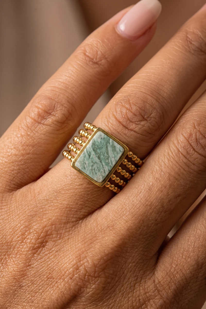 Rectangle Stone Beaded Multi Row Adjustable Ring