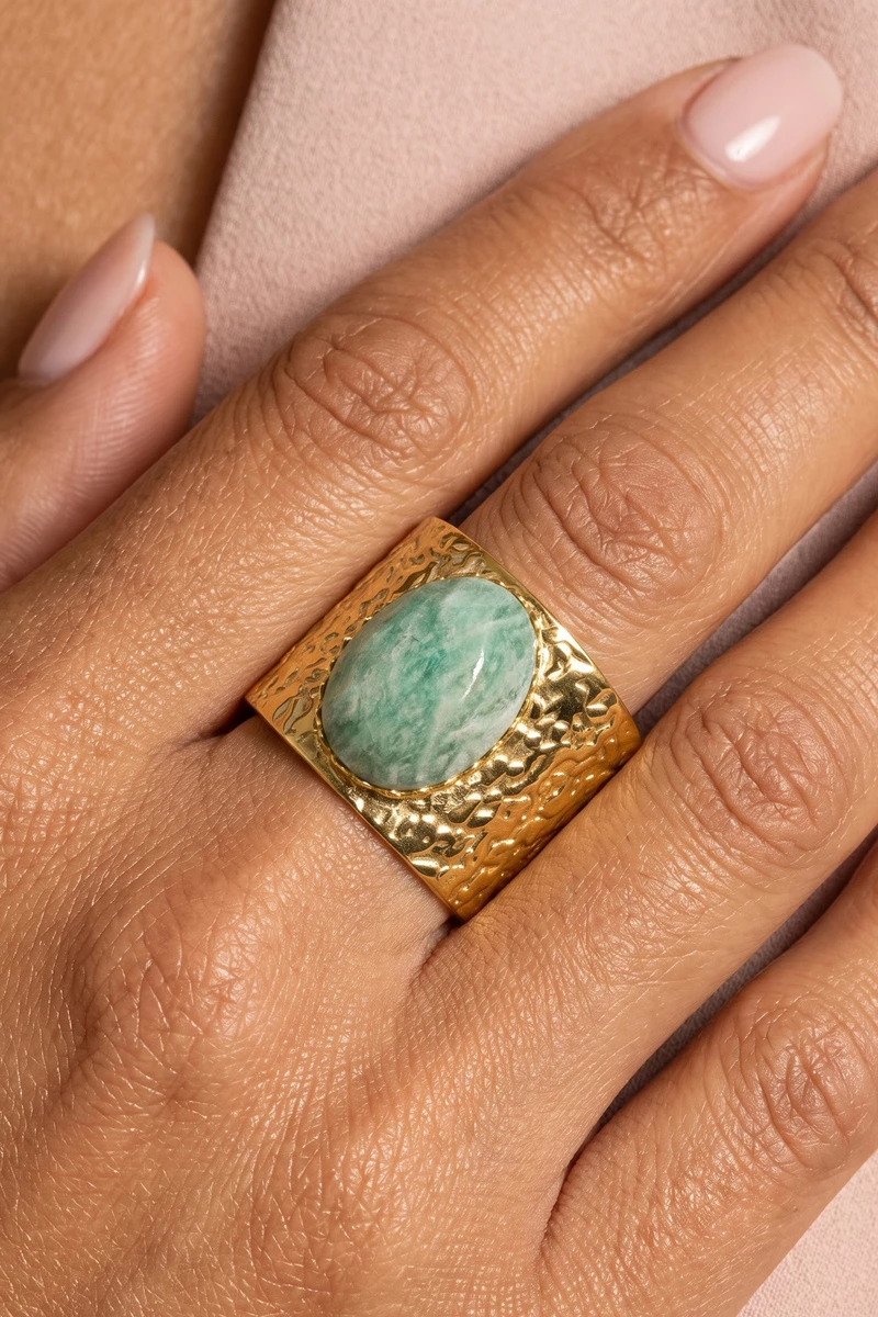 Oval Stone Hammered Cuff Ring