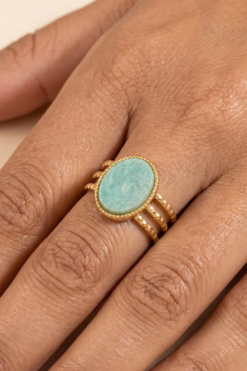 Oval Stone Beaded Bezel Triple Band Ring
