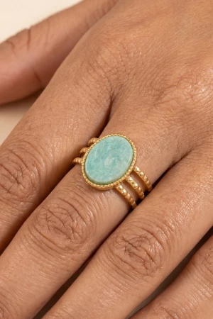 Stainless Steel Oval Stone Bezel Triple Band Ring