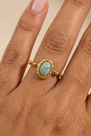 Stainless Steel Oval Stone Beaded Accent Band Ring