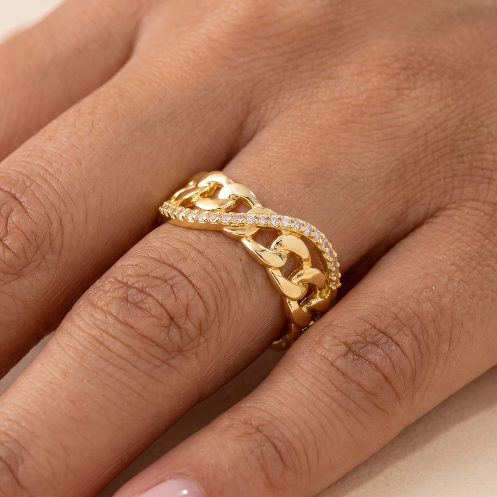 Pave Cz Curb Chain Link Band Ring