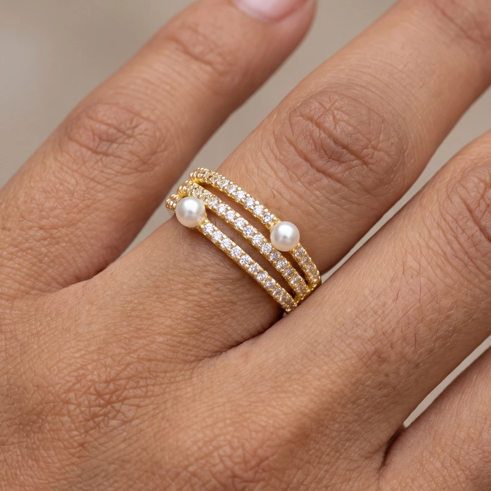 Triple Row Cz Ring With Pearl Accents