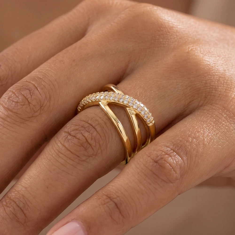 Pave Cz X Crossover Wide Band Ring