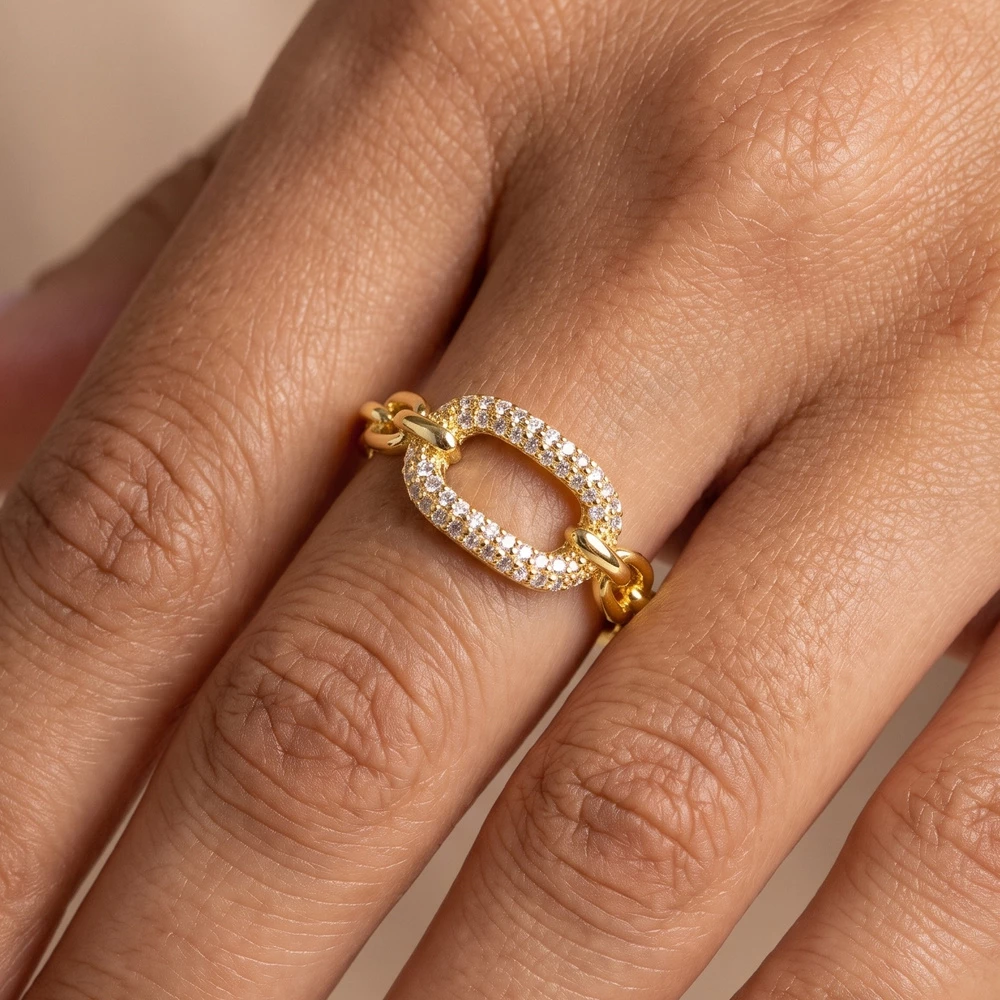Pave Cz Oval Link Chain Band Ring