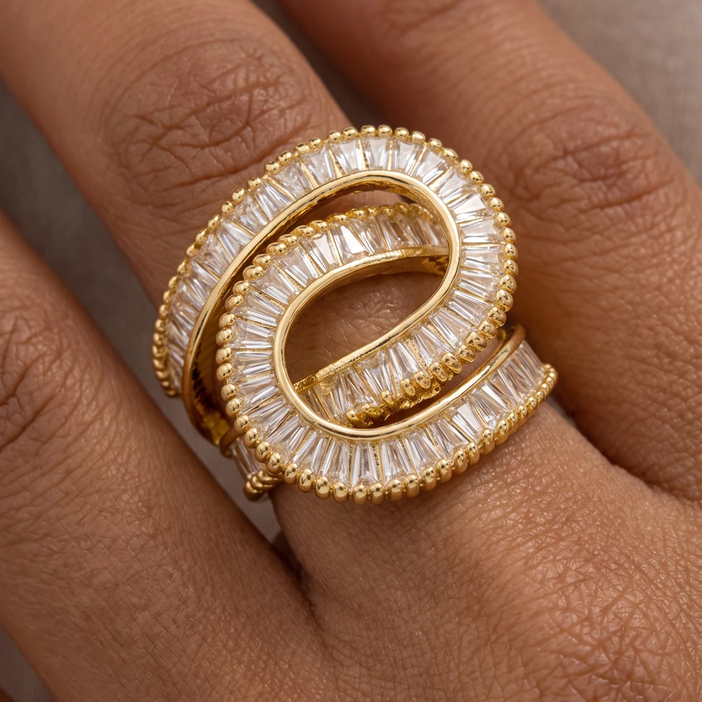 Baguette Cz Swirl Wrap Statement Ring