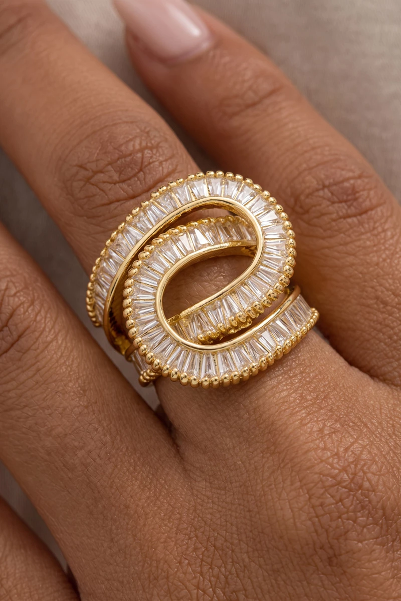 Baguette Cz Swirl Wrap Statement Ring
