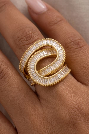 Baguette Cz Swirl Wrap Statement Ring