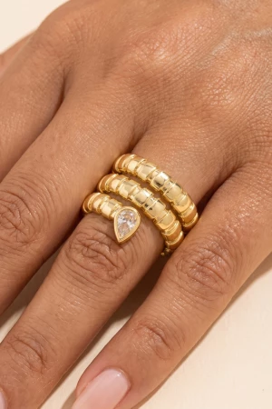 Ribbed Coil Wrap Ring With Teardrop Cz